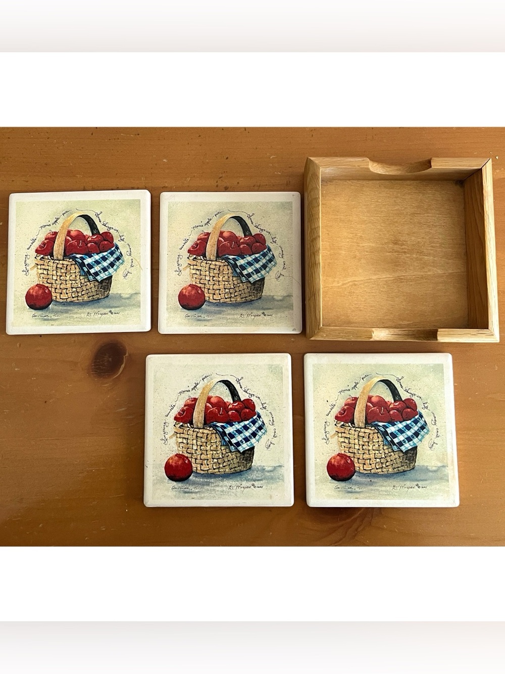Vintage Set of 4 Absorbastone square coasters apple artwork by D. Morgan 2001